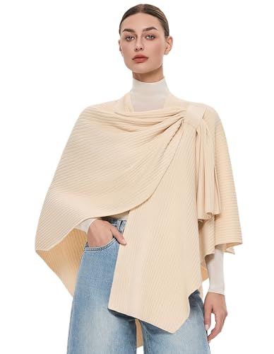 PULI Womens Elegant Cross Front Shawl Wraps Knitted Ponchos Cape Light Weight Poncho Sweater Soft Warm Travel Wraps - color: Rib-beige