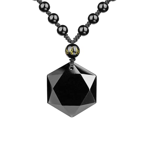 Black Obsidian Necklace Protection Pendant with Extended Bead Chain Healing Crystal Stone Amulet Necklace for Men Women - color: Hexagram