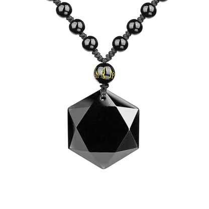 Black Obsidian Necklace Protection Pendant with Extended Bead Chain Healing Crystal Stone Amulet Necklace for Men Women - color: Hexagram