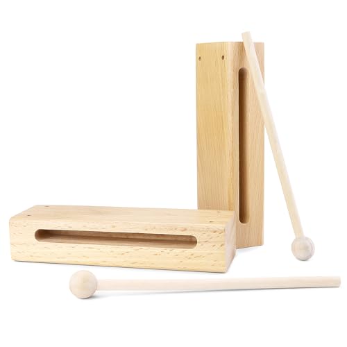 QWORK Wood Percussion Instrument Set - 2 Pack Wooden Sound Blocks with Mallets, for Concerts, Recordings & Community Bands