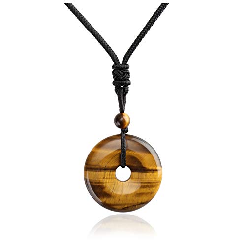 Jovivi 30mm Circle Donut Healing Crystals Necklace Natural Semi-Precious Chakra Gemstone Stone Amulet Lucky Coin Donuts Charm Protection Quartz Reiki Pendant Necklace for Men Women Adjustable Rope - color: Tiger Eye