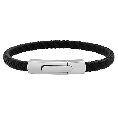 Geoffrey Beene Men's Braided Genuine Leather Fashion Bangle Bracelet with Stainless Steel Clasp - color: Silver
