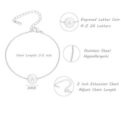 Personalized Initial Bracelet for Women Stainless Steel Letters Bracelet Delicate Coin Dainty Disc Alphabet Charm Bracelet Monogram Name Bracelet - style: V