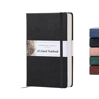 BROWNSTONE JOURNALS A5 Hardcover Lined Journal 5"x8" - Notebook for Work & Writing, 160 Pages Thick 100 GSM Paper, Lay Flat Binding, Elastic Band, Ribbon Bookmark (Charcoal Black) - color: Charcoal Black