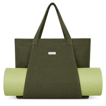 Yoga Mat Bag for Women, 100% Cotton Canvas Tote with Wet/Dry Pocket, Bottle Holder and Inner Zipper Pocket, 25L Carrier for Pilates and Travel - color: Green