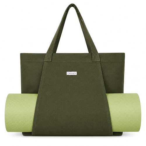 Yoga Mat Bag for Women, 100% Cotton Canvas Tote with Wet/Dry Pocket, Bottle Holder and Inner Zipper Pocket, 25L Carrier for Pilates and Travel - color: Green