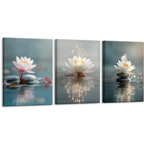 Calm Zen Lotus Stacked Stones Spa Wall Art, Modern Spiritual Lotus Blooming on Stones Artworks for Zen Office Serene Home Deco Meditation Rooms Yoga Studios and Zen Enthusiasts - Framed, 12"x16"x3 - color: Lotus, size: 12" x 16"x3