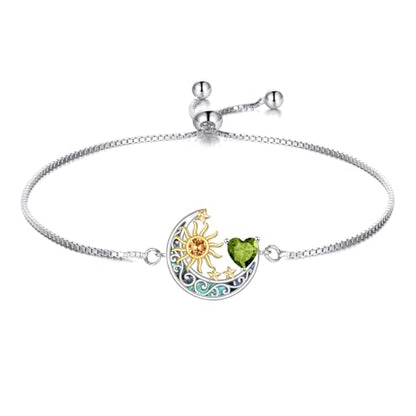 925 Sterling Silver Moon and Sun Star Adjustable Link Bracelet for Women with 12 Month Birthstone Birthday Jewelry - style: 08 - Aug.