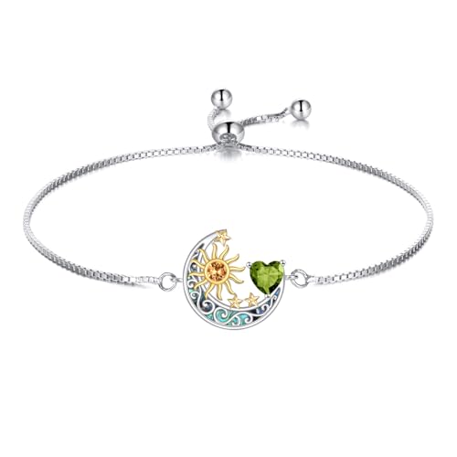 925 Sterling Silver Moon and Sun Star Adjustable Link Bracelet for Women with 12 Month Birthstone Birthday Jewelry - style: 08 - Aug.