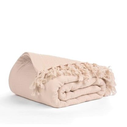 Salt Earth 100% Cotton Muslin Throw Blanket, Gauze Blanket 50"X60" Throw with Tassel 4 Layered for Couch, Bed, Living Room, Home,Lightweight & All Season Blankets & Throws, Skin Friendly (Parchment) - color: Parchment, size: 50"X60" Throw
