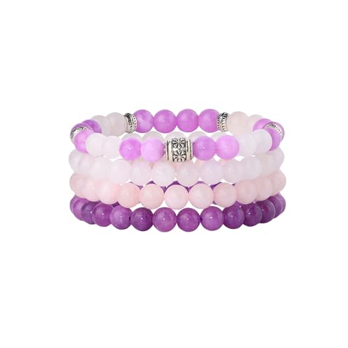 Fengling 4 PCS Beaded Crystal Bracelet for Women 8mm Natural Gemstones Handmade Bracelet for Girls Healing Stretch Bracelets Crystal Jewelry for Women Gifts - color: Lilac Jade &Natural Pink Crystal&Amethyst