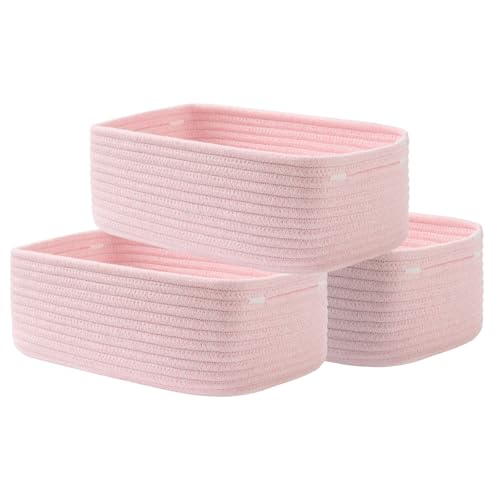 Small Woven Basket, 12 x 8 x 4.5 Inches, Storage Basket for Organizing, Cute Small Rope Shelf Closet Cube Storage Bins Baskets for Shelves, Dog Toy Gift Baskets Empty, 3 Pack Light Pink - color: Light Pink, size: 12"L x 8"W x 4.5"H