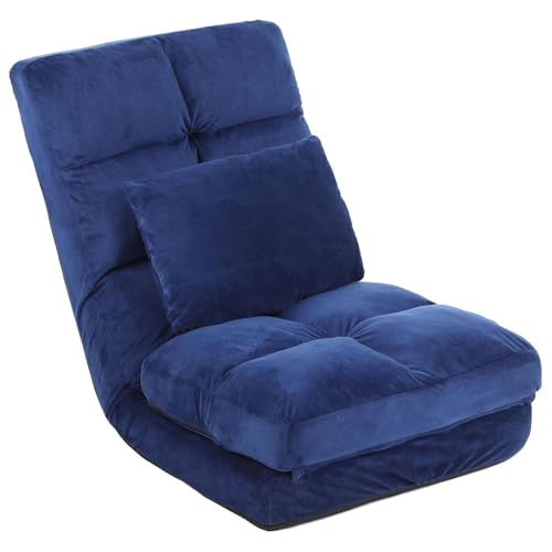Indoor Chaise Lounge Sofa, Floor Chair with Back Support for Adults, 14 Angle Adjustment Recliner Chair, Folding Floor Lounger with Pillow (Blue) - color: Blue