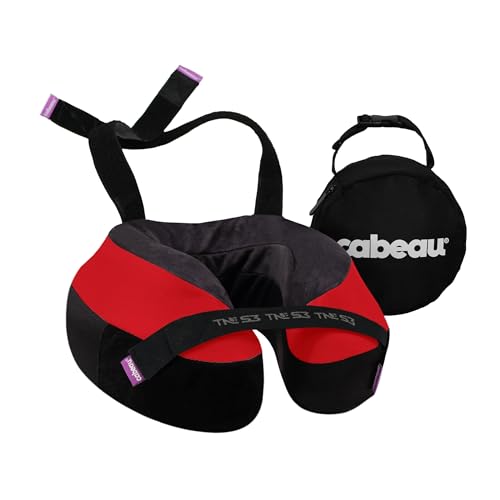 Cabeau Travel Neck Pillow for Airplanes – The Neck’s Evolution, TNE S3 – Supportive Memory Foam Design for Long Haul Flights – Attachable Seat Straps and 360° Support (London Red) - color: London