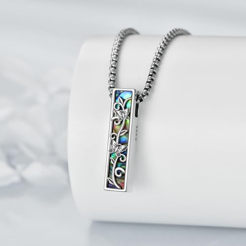 Cremation Urn Necklaces for Ashes Sterling Silver 3D Vertical Bar Memorial Pendant for Loved Ones Keepsake Cremation Jewelry Gifts for Women Men - style: Butterfly
