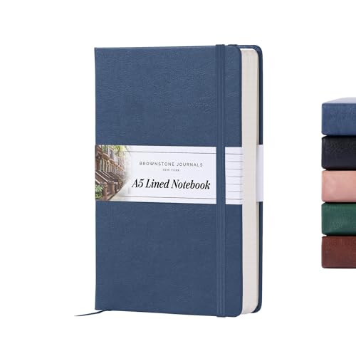 BROWNSTONE JOURNALS A5 Hardcover Lined Journal 5"x8" - Notebook for Work & Writing, 160 Pages Thick 100 GSM Paper, Lay Flat Binding, Elastic Band, Ribbon Bookmark (Symphony Blue) - color: Symphony Blue