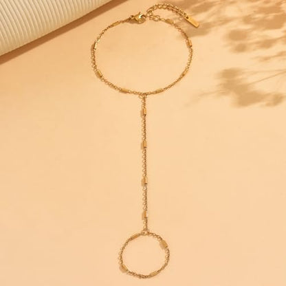 18K Gold Plated Hand Chain Bracelets for Women, Dainty Cubic Zirconia, Heart, Beads, Bamboo Link Charm Bracelet, Trendy Adjustable Finger Ring Bracelet, Hand Chain Jewelry, Christmas Gifts - style: Cylinder Hand Chain