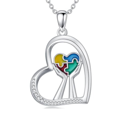 Autism Awareness Necklace for Women 925 Sterling Silver Autism Puzzle Piece Pendant Necklace Inspirational Christmas Gift for Autistic - color: A+Autism