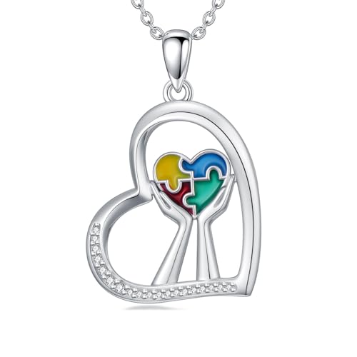 Autism Awareness Necklace for Women 925 Sterling Silver Autism Puzzle Piece Pendant Necklace Inspirational Christmas Gift for Autistic - color: A+Autism