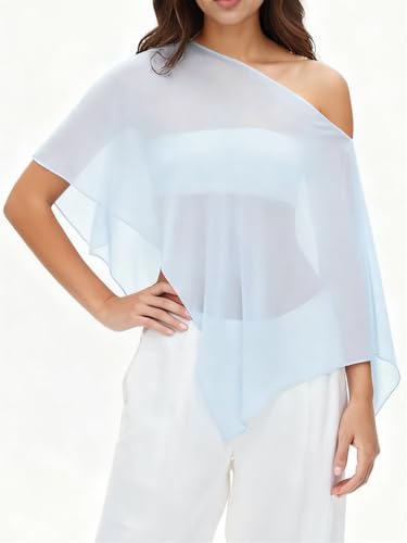 Women Chiffon Cape Shawls and Warps for Evening Dress Wedding Sheer Mesh Flowy Capelets Top - color: Baby Blue, size: Medium