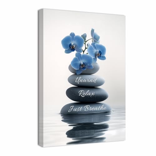 ZQQART Zen Stone Bathroom Wall Art Spa Stones Pictures Meditation Canvas Painting Yoga Living Room Decor Framed(Blue,12L x 18W)