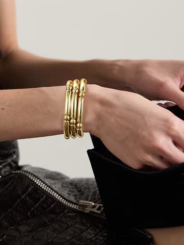 Gold Chunky Bangles Bracelets For Women 14k Gold Plated Stack Layered Curved Bamboo Tube Stretch Bracelets Gift Jewelry - color: 3pcs Gold-8mm