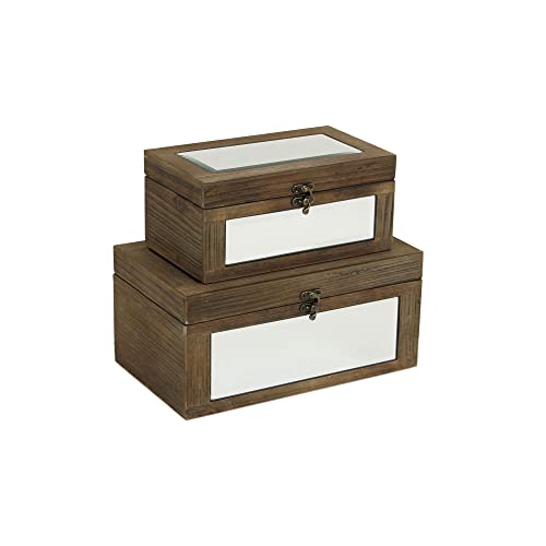 Set of 2 Brown Mirrored Wood Storage Box, 11.75" L x 7" W x 5.5" H