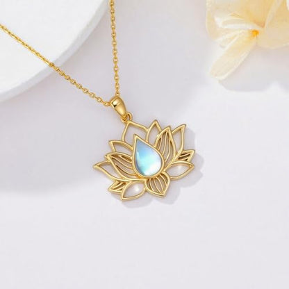 Lotus Necklaces for Women 925 Sterling Silver 7 Chakra/Yin Yang Pendant Necklace Spiritual Lotus Jewelry Birthday Yoga Gifts - style: Gold Moonstone-Lotus