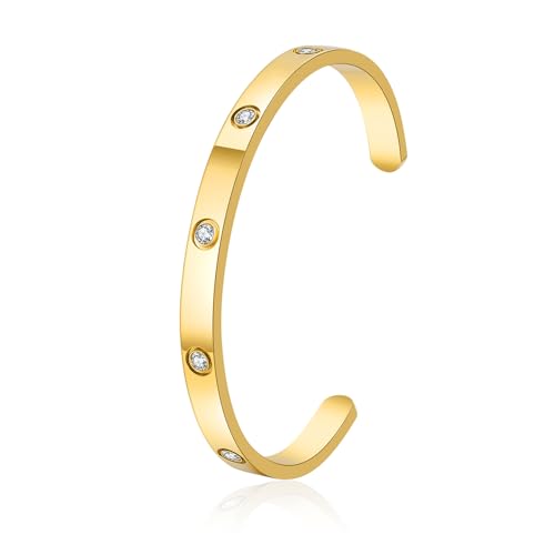 Gold Bangle for Women - 18K Gold Plated Stainless Steel Love Friendship Crystal Bracelets with Cubic Zirconia - color: 5CZ Cuff Bangle - GOLD