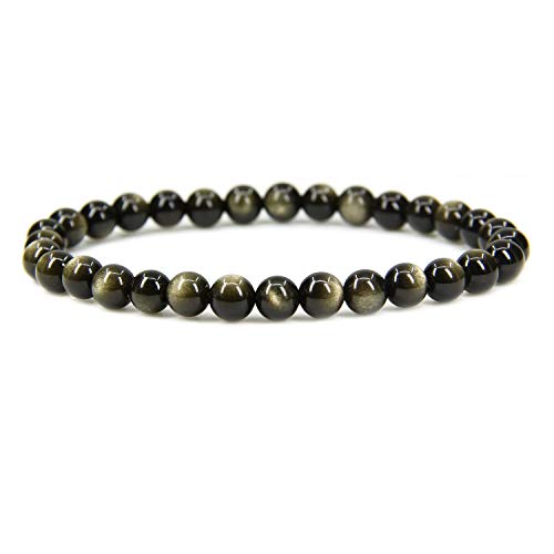 Angelstones Handmade Natural Healing Gemstone 6mm Round Beads Stretch Crystal Bracelet 7 Inch Unisex - color: Golden Obsidian