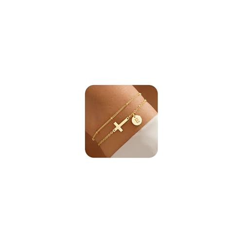M MOOHAM Layered Initial Cross Bracelets for Women Teen Girls - 14K-Gold-Plated Disc Letter A-Z Cross Bracelet Jewelry Christian Gifts for Women Baptism Confirmation Gift for Teen Girls - color: E