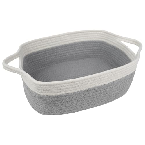 BOMINICA Cotton Rope Storage Basket with Handles, Natural Woven Basket, Decorative Rectangle Organizer Bin for Home, Nursery, Montessori, Pet Toy Storage and Bathroom Organization, Grey&White - color: Off-White & Grey, size: 14.2" L × 10.4" W × 5.1" H