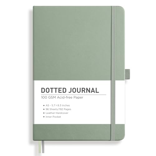 RETTACY Dotted Journal Notebook, 192 Pages, A5 Medium Size (5.7'' x 8.3''), Leather Hardcover, 100 GSM Thick Paper, for Journaling, Planning, Tracking (Sage Green) - color: Sage Green, style: Dotted