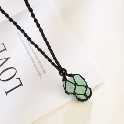Natural unprocessed crystal raw stone hand woven rope adjustable necklace pendant for both men and women - color: Green Fluorite