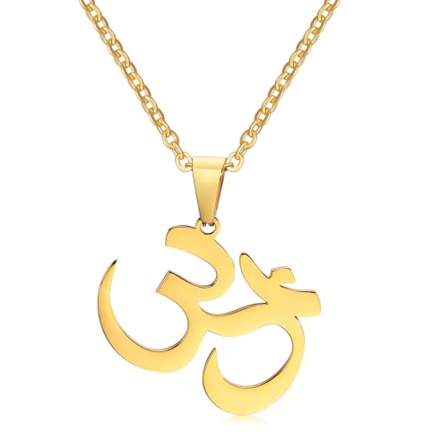 Stainless Steel Om Necklace for Men Women, gold plated/Silver/Black Yoga Charm Pendant Necklaces Aum Om Ohm Sanskrit Symbol Hindu Meditation Chain Necklace,Mens Womens Jewelry Gifts - color: Polished Gold