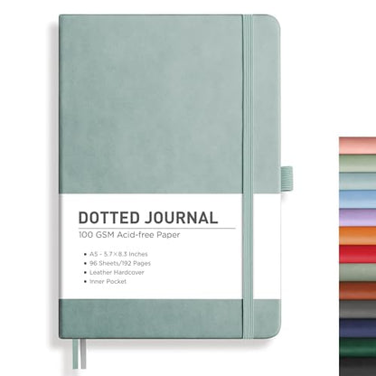 RETTACY Dotted Journal Notebook, 192 Pages, A5 Medium Size (5.7'' x 8.3''), Leather Hardcover, 100 GSM Thick Paper, for Journaling, Planning, Tracking (Blue-gray) - color: Blue-gray, style: Dotted
