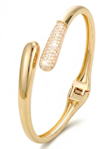 Gold Cuff Bracelets for Women, 14K Gold Plated Open Cuff Bangle Bracelet with CZ Pave, Minimalist Stackable Chunky Gold Bracelet for Women