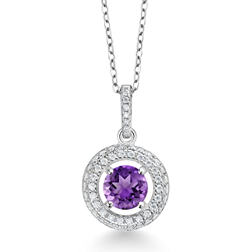 Gem Stone King Halo Necklace For Women | 925 Sterling Silver | 6MM Round Gemstone Birthstone and White Moissanite Pendant Necklace | With 18 Inch Chain