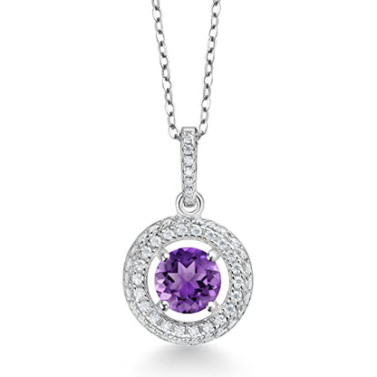 Gem Stone King Halo Necklace For Women | 925 Sterling Silver | 6MM Round Gemstone Birthstone and White Moissanite Pendant Necklace | With 18 Inch Chain