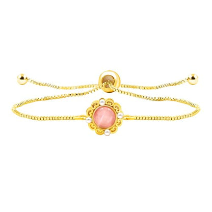 | Gold Brass Bracelet | Glass Floral Engraved Adjustable Chain | Elegant Positive Energy Charm | Everyday Wear Friendship Accessory - color: Pink