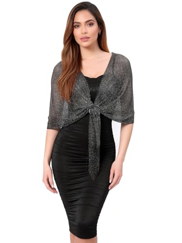 Sumolux Shawls Wraps for Evening Dresses Metallic Glitter Shawls Scarf for Women Sparkling Wedding with Free Buckle - color: Black With Silver Threads