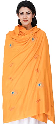 Exotic India Radhe Prayer Shawl with Embroidered Peacock Feather - PolyCotton - color: Zinnia