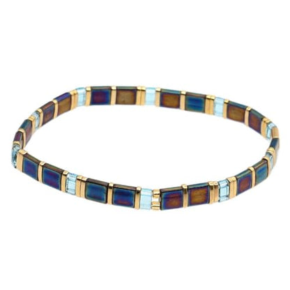 Summer Candy Colors Tila Flat Seed Beads Stretch Strand Bracelet for Women- Trendy Unique Friendship Handmade Mixed Colorful Square Beaded Link Bracelets Stackable Jewelry Gifts - color: 0080D