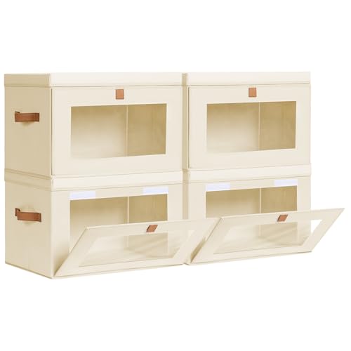 Collapsible Storage Bins - Large Closet Organizer with Handles & Window, Decorative Storage Boxes, Fabric Containers for Living Room, Dorm, 4 Pack, Beige - color: Beige, size: Large - 4 Pack