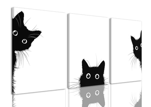 AOYUSMO 3 Piece Black Cat Canvas Wall Art Funny Animal Wall Art Nursery Cute Pictures Wall Decor Minimalist Black And White Prints for Children's Room Bedroom 12"x16" Framed - color: Black cat, size: 12x16in