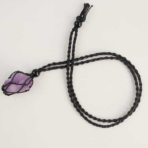 Natural unprocessed crystal raw stone hand woven rope adjustable necklace pendant for both men and women - color: A-Amethyst cluster 1