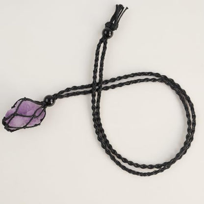 Natural unprocessed crystal raw stone hand woven rope adjustable necklace pendant for both men and women - color: A-Amethyst cluster 1