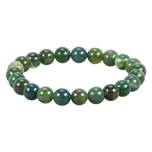 Natural Gemstones Bracelet 8mm Chakra Round Beads Energy Power Crystal Reiki Healing Elastic Stretch 7 Inch for Women Men Unisex - color: Moss Agate