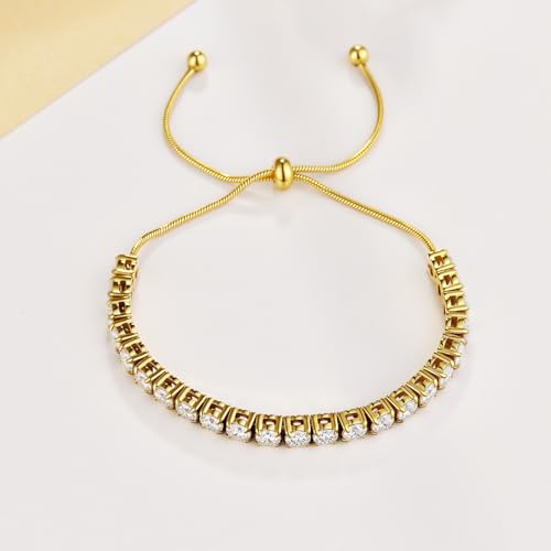 3/4mm Moissanite Tennis Bracelet Adjustable Simulated Diamond Chain 18K Gold Plated 316L Stainless Steel Bracelets Jewelry Gifts for Women Men Wife Mother - color: Gold, size: 3MM Moissanite