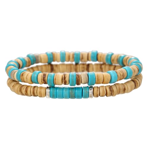 Puka Shell Bracelet for Men Wooden Bracelets Turquoise Stack Beaded Minimalist Trendy Jewelry for Friend Gift - style: 2pcs-Brown Blue